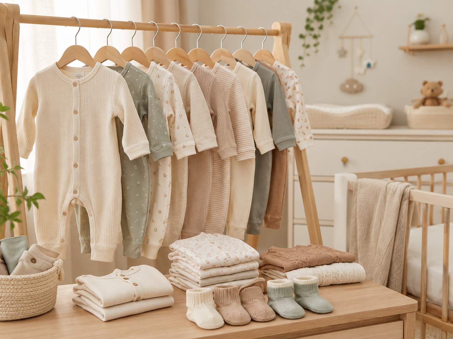 Minimalistische babykamer met houten rek